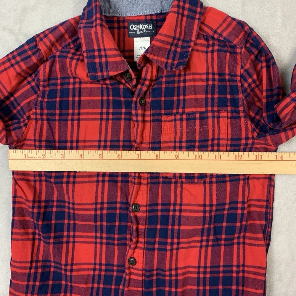 Oshkosh B'gosh Flannel Shirt Youth Boys 7 Red Blue Plaid Long Sleeve Cotton